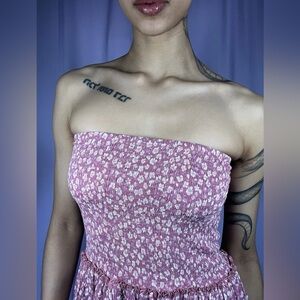 Pink Rose Floral Flounce Bandeau Frilled Babydoll Top Women Size S Ditzy Cottage